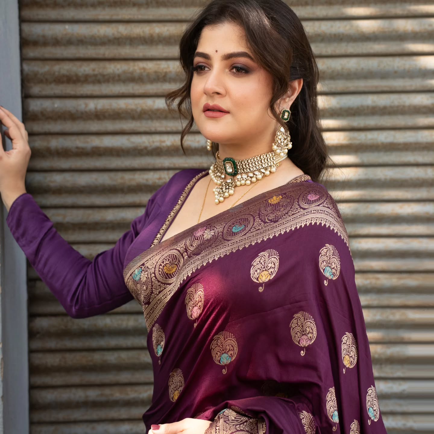 Srabanti Chatterjee Wearing Indian Traditional Violet Saree | HDactress.com
