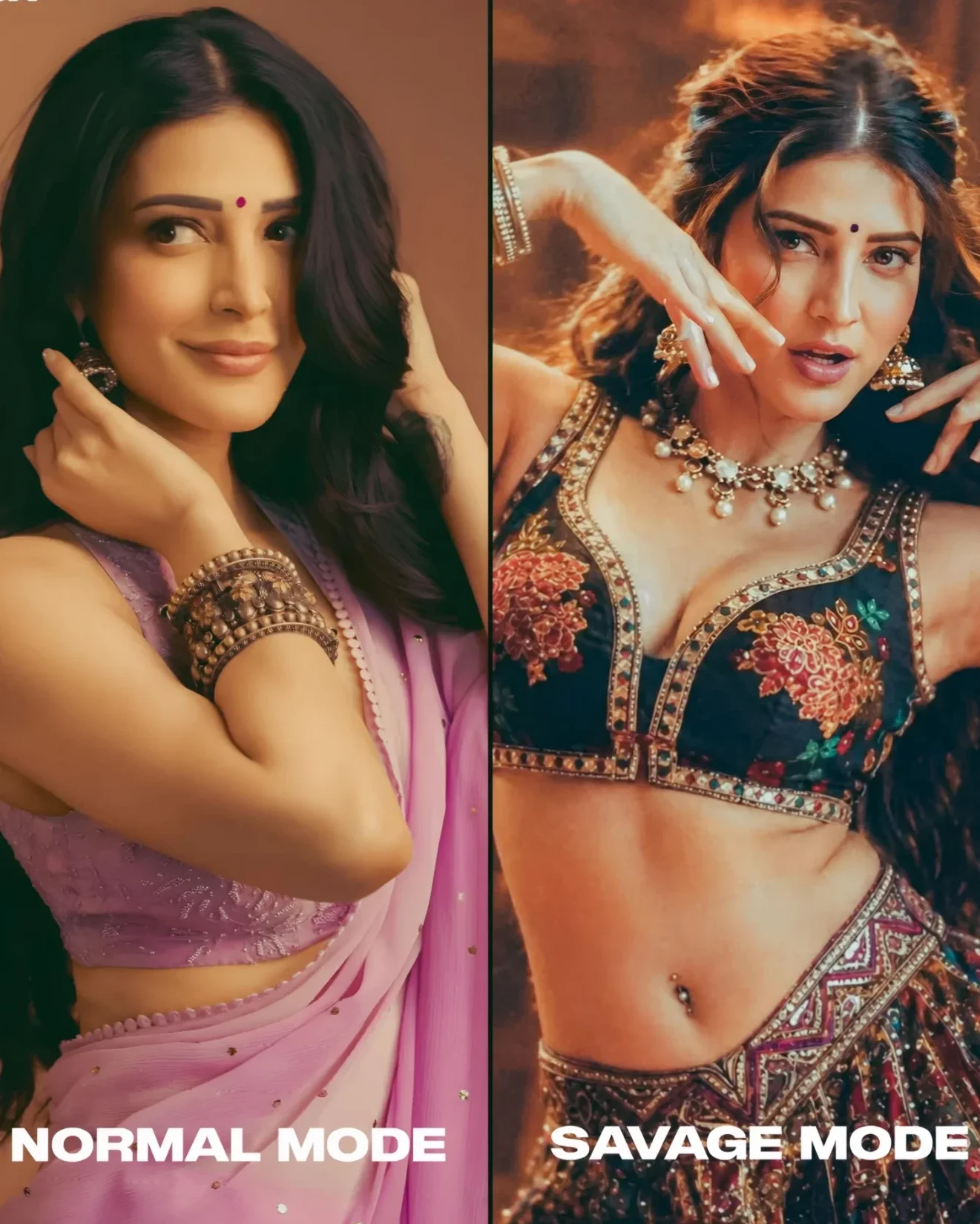 Shruti Haasan bold aesthetic, flawless body geometry, gothic fashion celebrity, striking facial structure, jaw dropping photoshoot pictures, hourglass frame styling, South Indian actress viral look