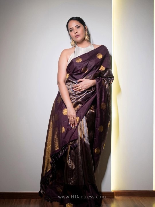 Anasuya bharadwaj dazzles in a stunning wine silk saree and halter blouse.. - Image 7 Anasuya bharadwaj dazzles in a stunning wine silk saree and halter blouse.. - Image 7