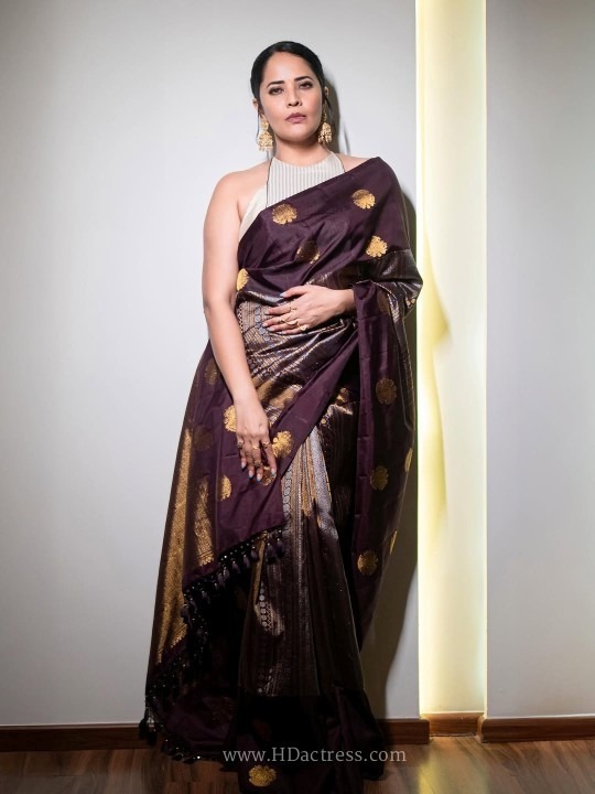 Anasuya bharadwaj dazzles in a stunning wine silk saree and halter blouse.. - Image 9 Anasuya bharadwaj dazzles in a stunning wine silk saree and halter blouse.. - Image 9