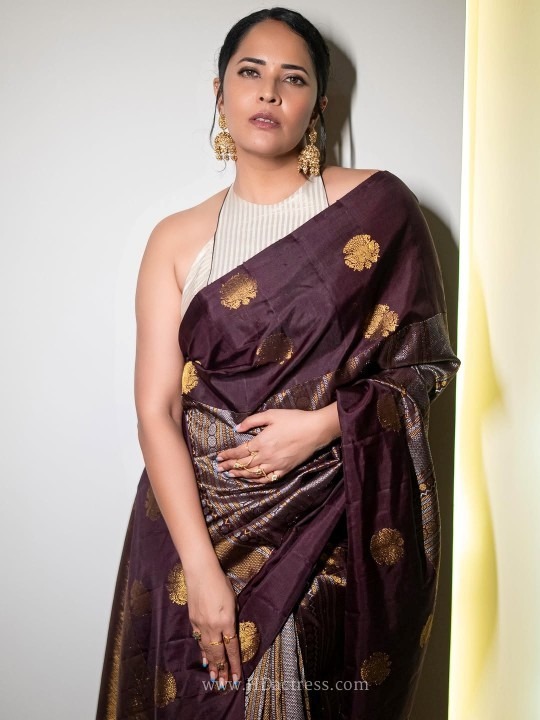 Anasuya bharadwaj dazzles in a stunning wine silk saree and halter blouse.. - Image 10 Anasuya bharadwaj dazzles in a stunning wine silk saree and halter blouse.. - Image 10