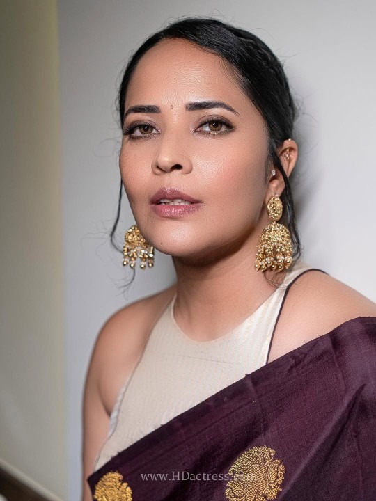 Anasuya bharadwaj dazzles in a stunning wine silk saree and halter blouse.. - Image 12 Anasuya bharadwaj dazzles in a stunning wine silk saree and halter blouse.. - Image 12