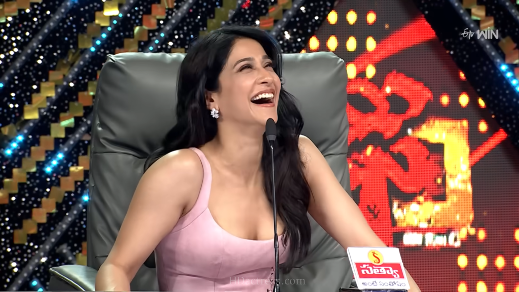 Regena Cassandrra looking sensational in a glamorous deep neck dress as a judge on the sets of Telugu dance reality show Dhee 20.