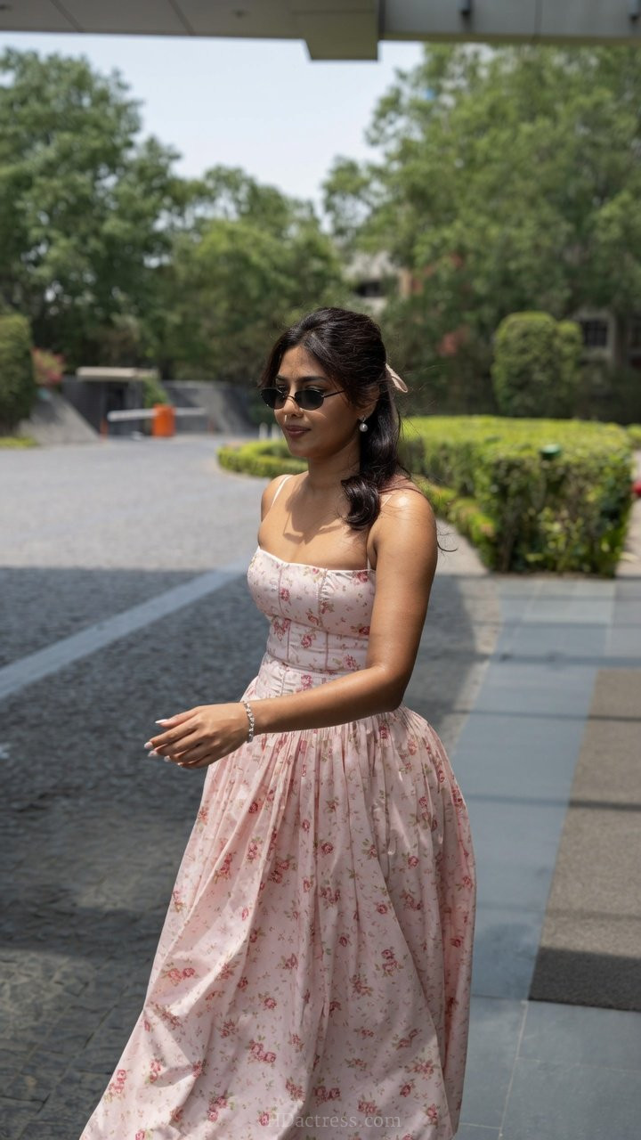 Aishwarya Lekshmi wearing a flattering sweetheart neckline skirt, South Indian actress stunning photoshoot fashion look, gorgeous high-slit skirt with an elegant sweetheart corset top, celebrity look trend inspiration close up portrait shot