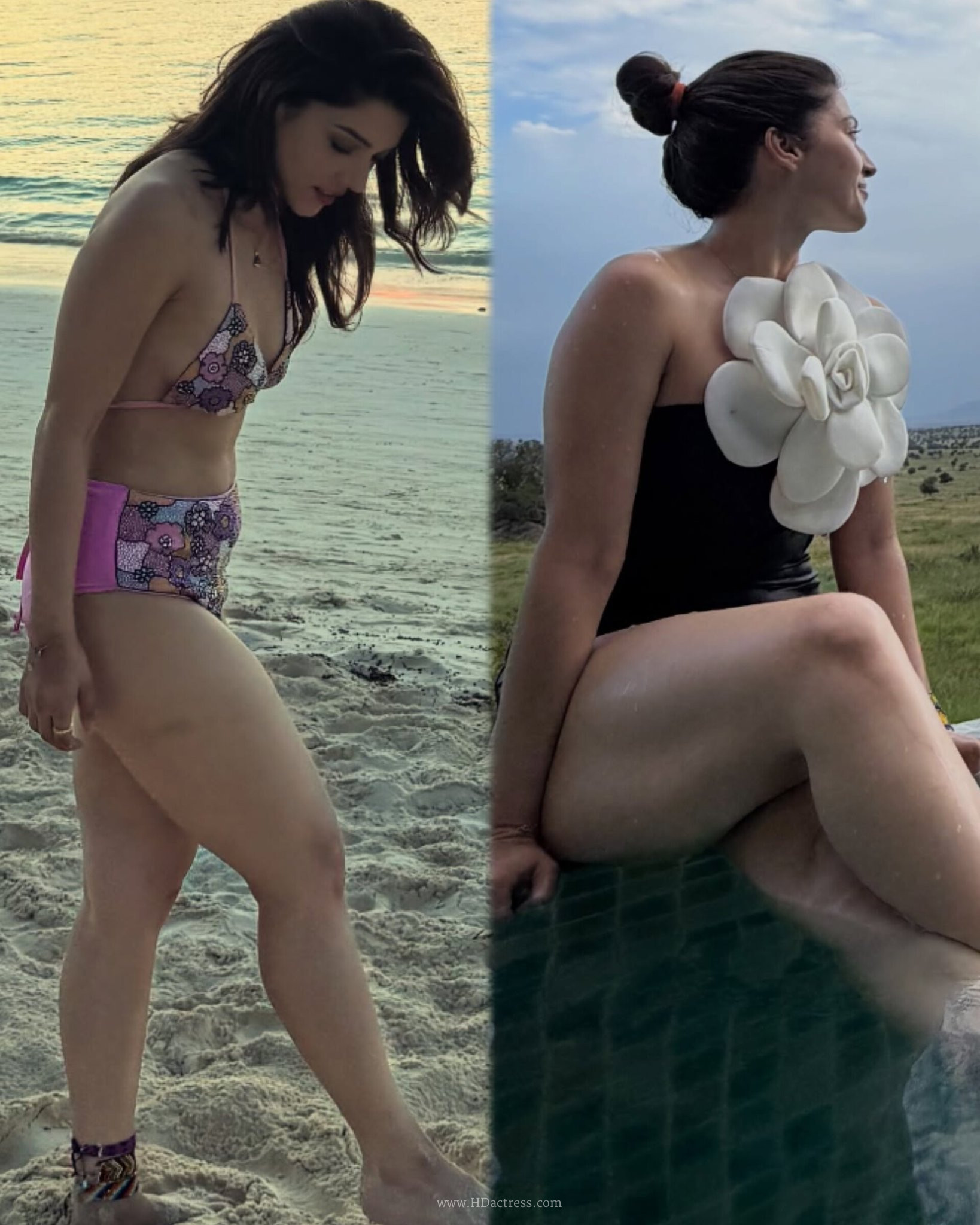 Tollywood actress Mehreen Pirzada relaxing by the poolside in a bold printed two-piece bikini.