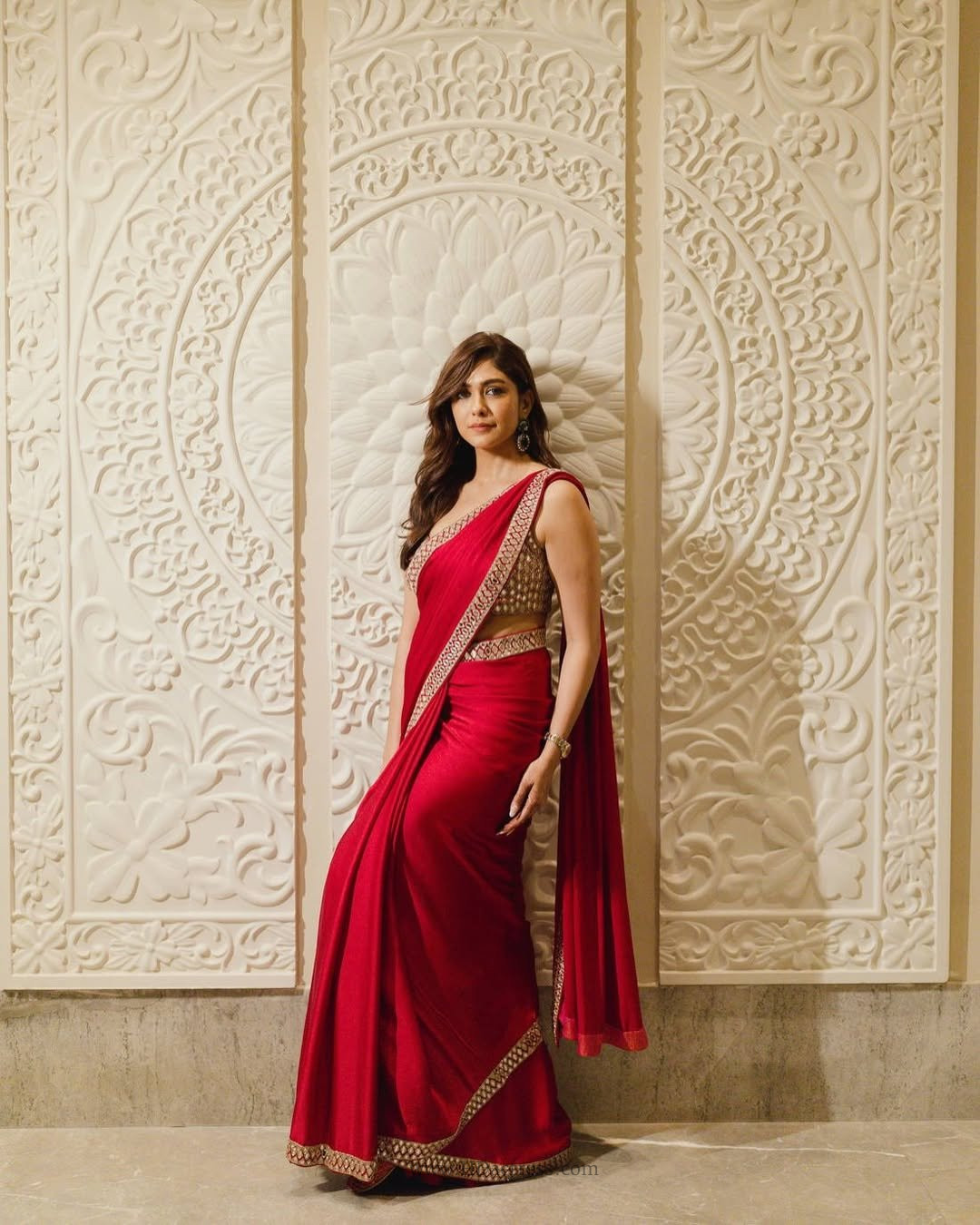 Mrunal Thakur hot look, red saree images, Bollywood actress style file, beautiful designer sarees, ethnic fashion icons