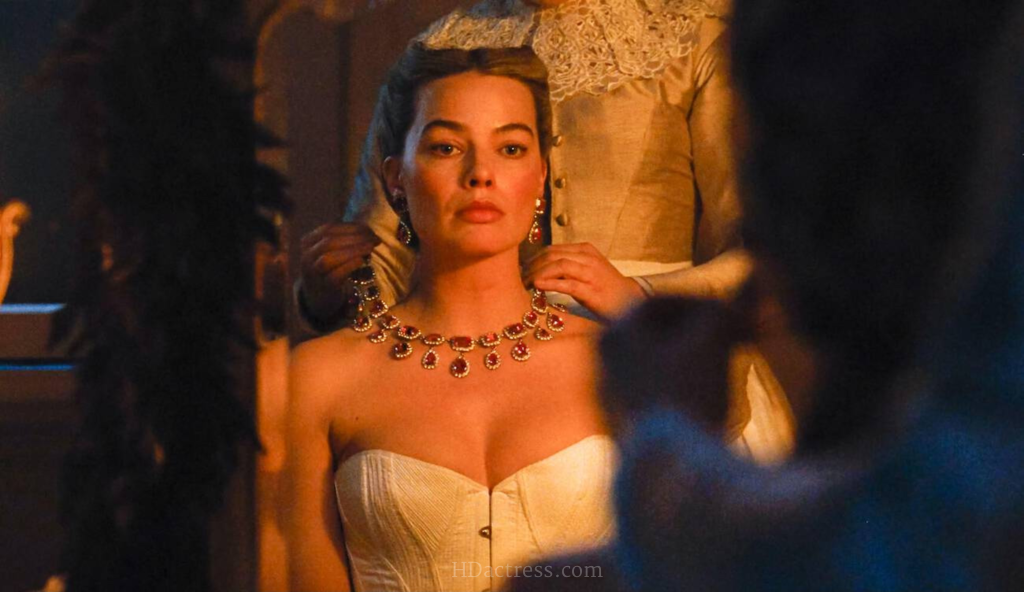 Close up portrait of Margot Robbie as Catherine Earnshaw in Wuthering Heights 2026 wearing a provocative low cut dark crimson corset dress on the moody Yorkshire moors.