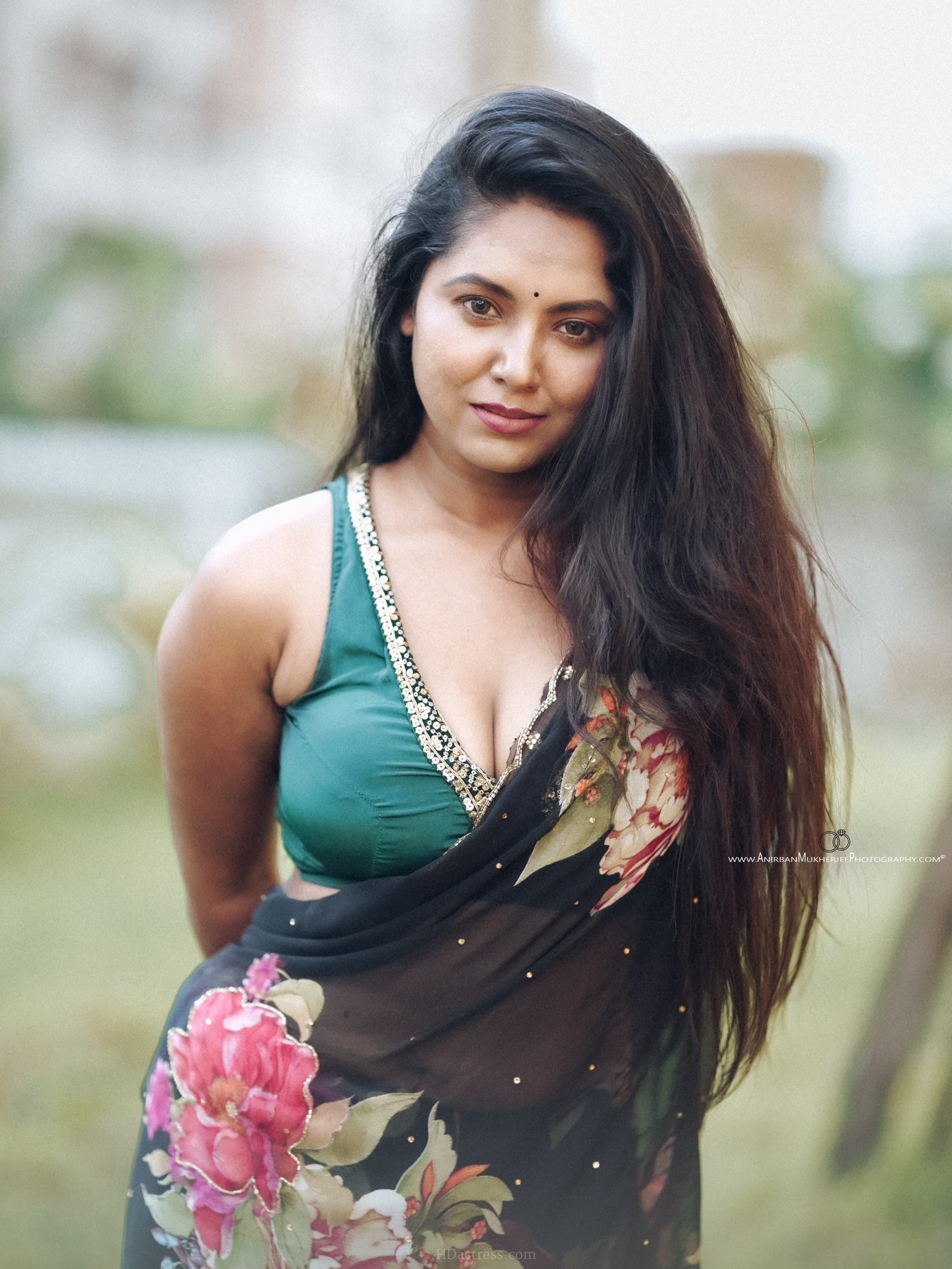 Piu Dey Maikap in green blouse and floral saree drape Piu Dey Maikap in green blouse and floral saree drape