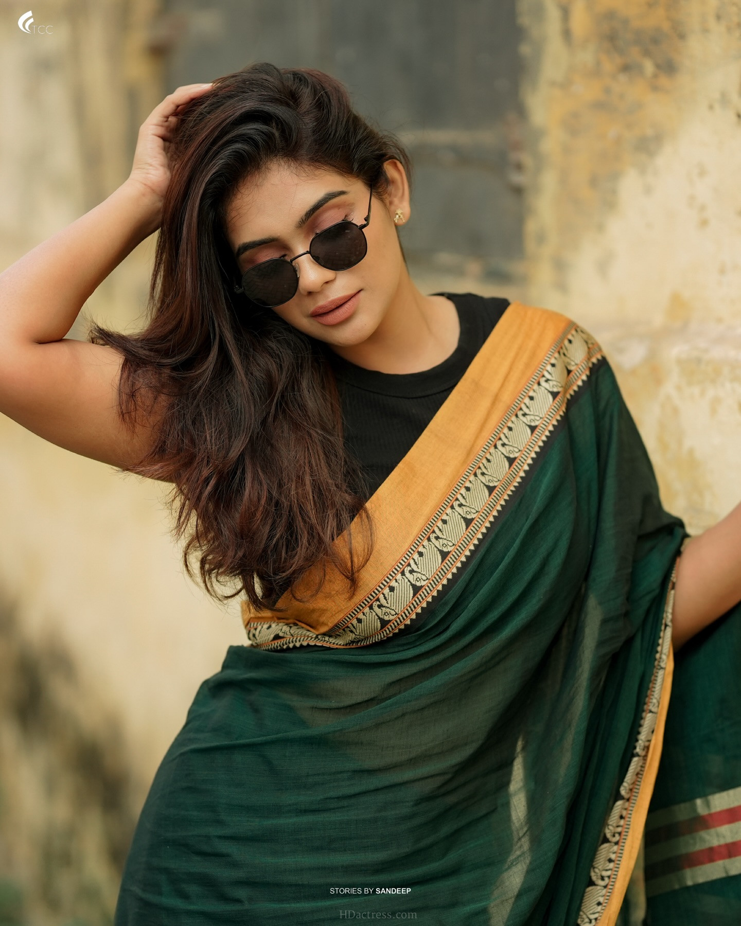 Ahana Vinesh Latest Green Cotton Saree Pics