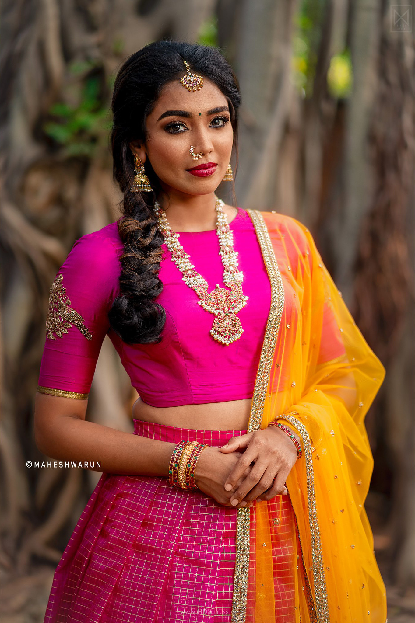 Anju Shankar in pink checked lehenga