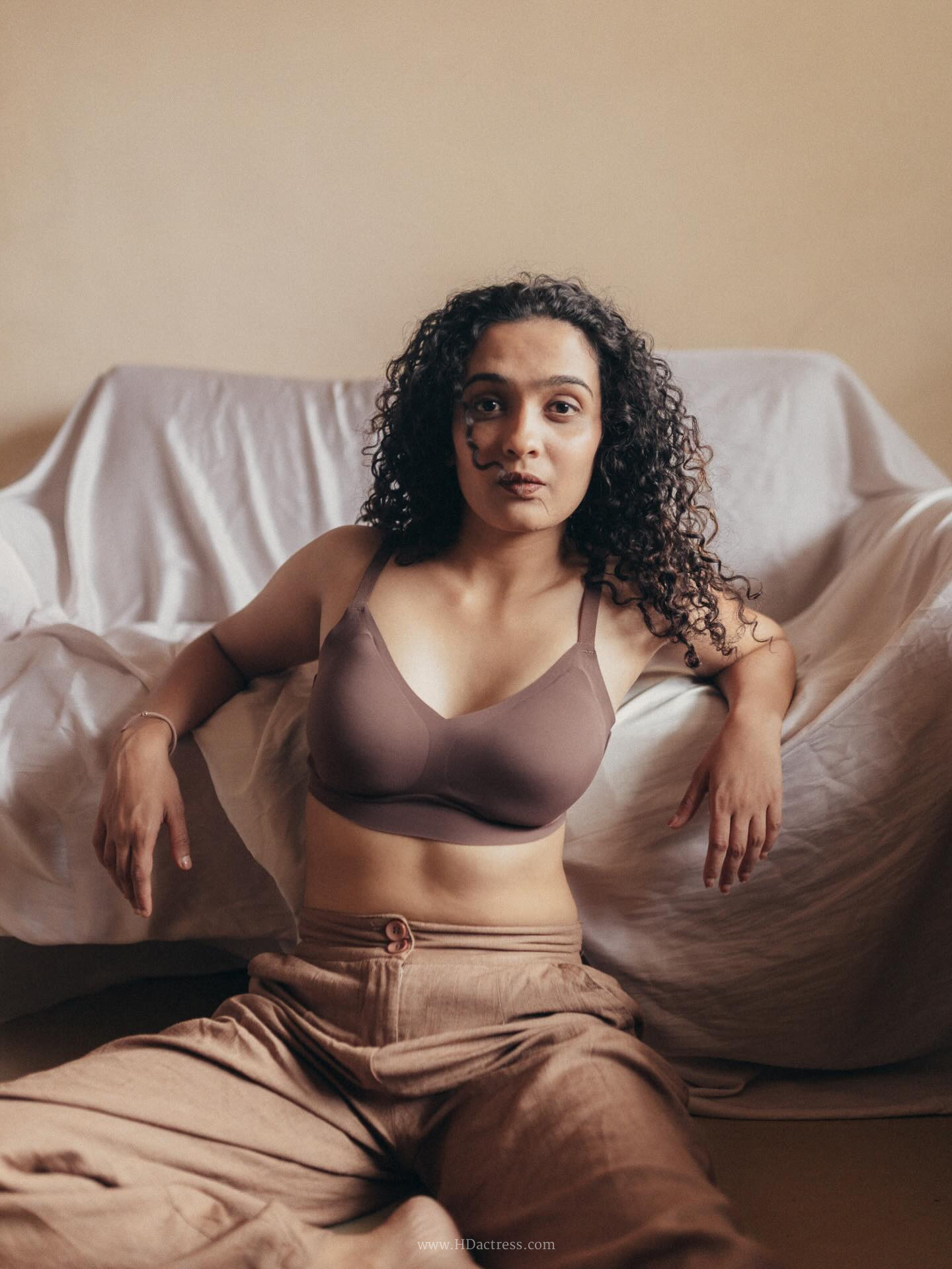 Mrunalach Mrunal in taupe sports bra and lounge trousers