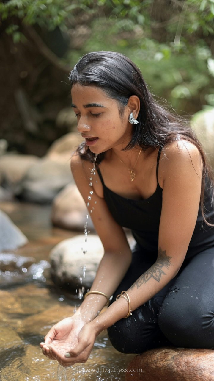 Thamizhselvi posing in a black ribbed camisole top with thin spaghetti straps