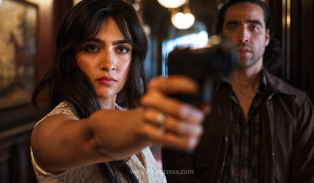 Rukmini Vasanth holding a gun with a fierce expression in a scene