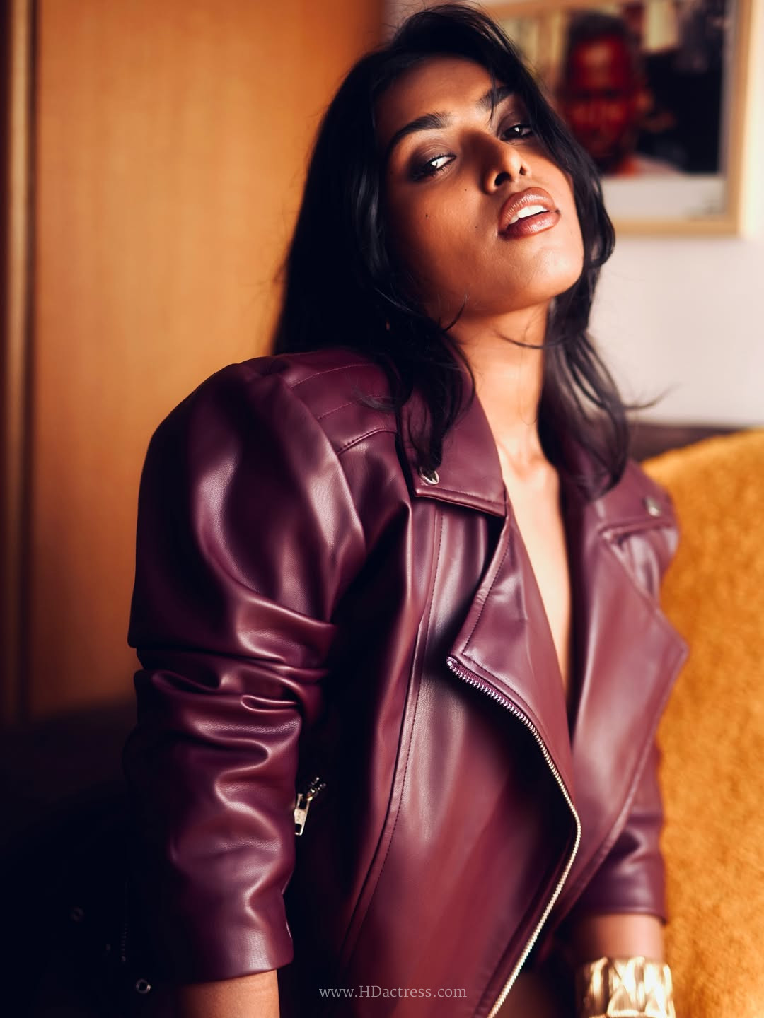 Priyanka Roy in deep plum leather biker jacket Priyanka Roy in deep plum leather biker jacket