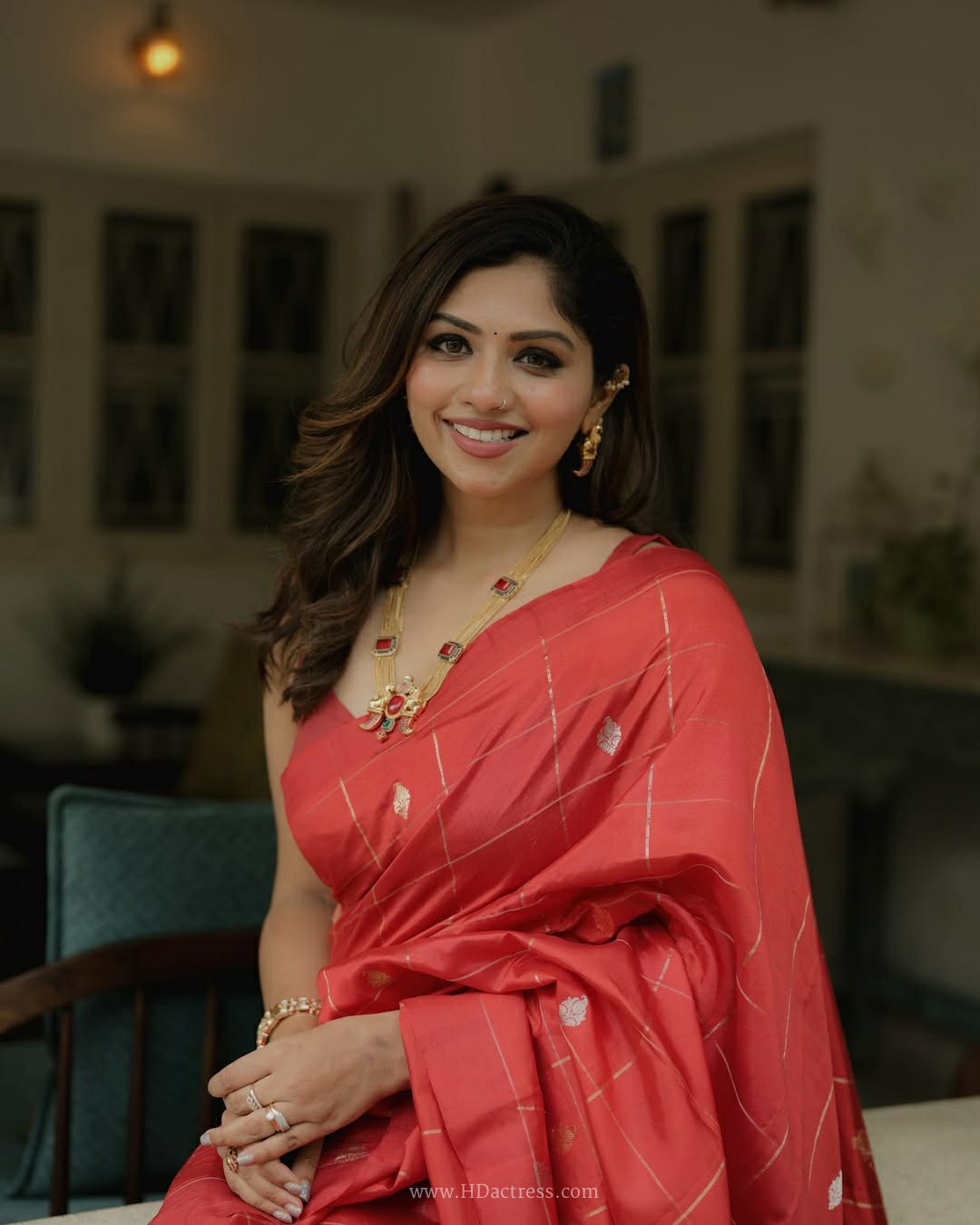 Meenakshi Chaudhary in coral pink Chanderi silk saree Meenakshi Chaudhary in coral pink Chanderi silk saree