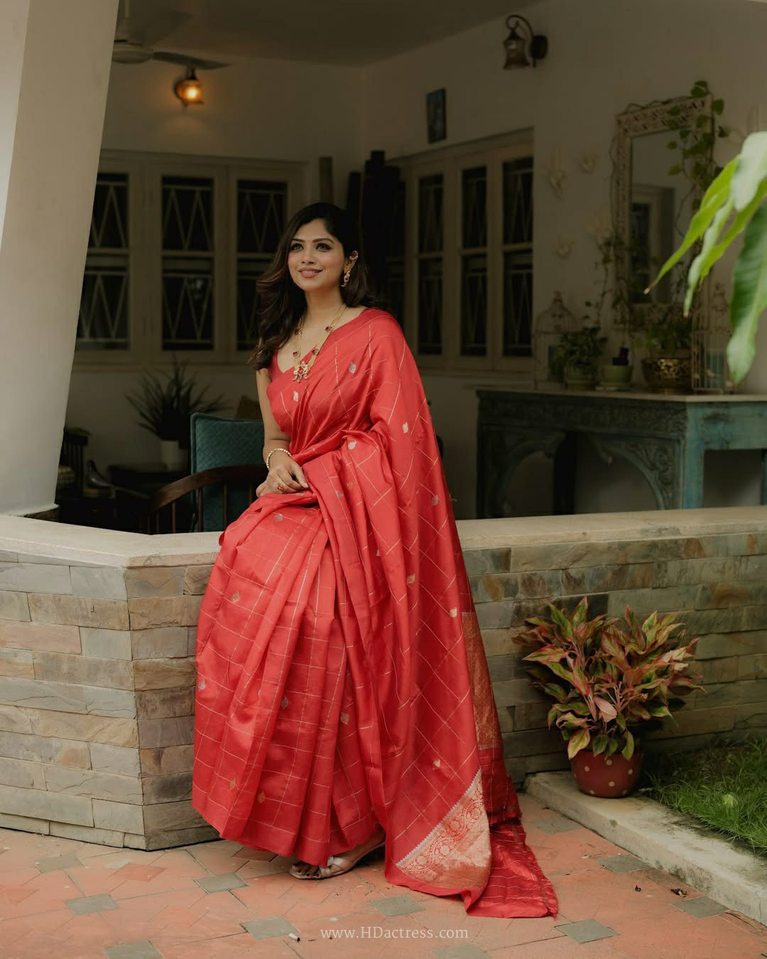 Meenakshi Chaudhary in coral pink Chanderi silk saree Meenakshi Chaudhary in coral pink Chanderi silk saree