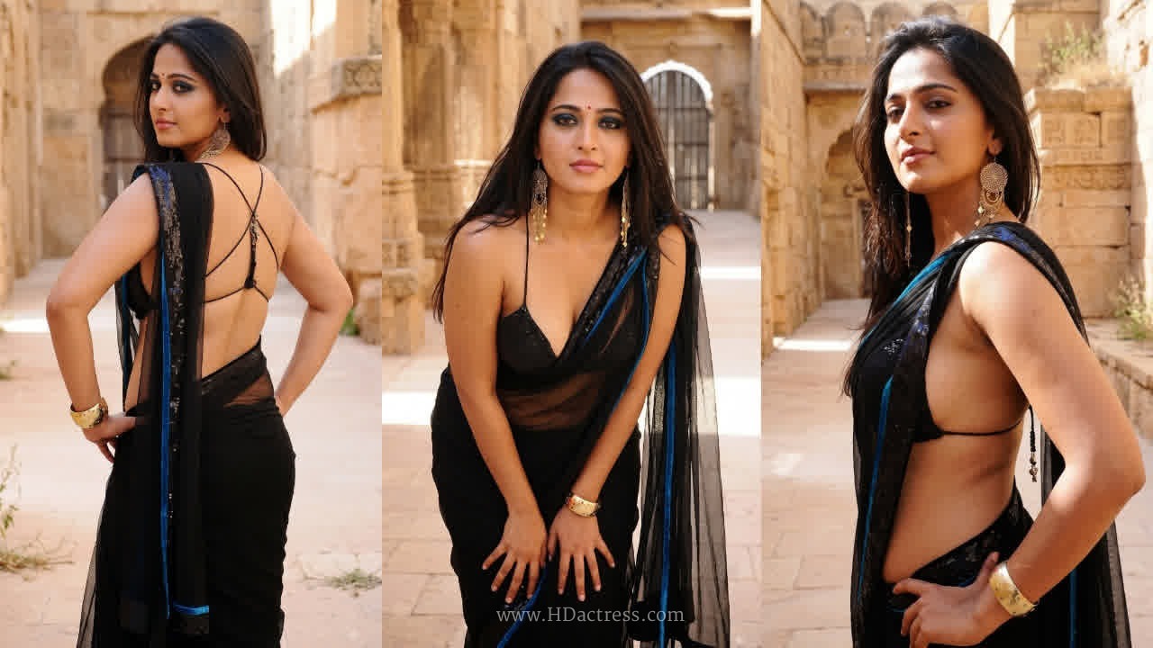 Anushka Shetty Looks Stunning in Black Saree with Blue Border – Photos - Image 1 Anushka Shetty Looks Stunning in Black Saree with Blue Border – Photos - Image 1