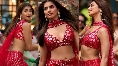 Pooja hegde oozes glamour in red lehenga – movie song stills