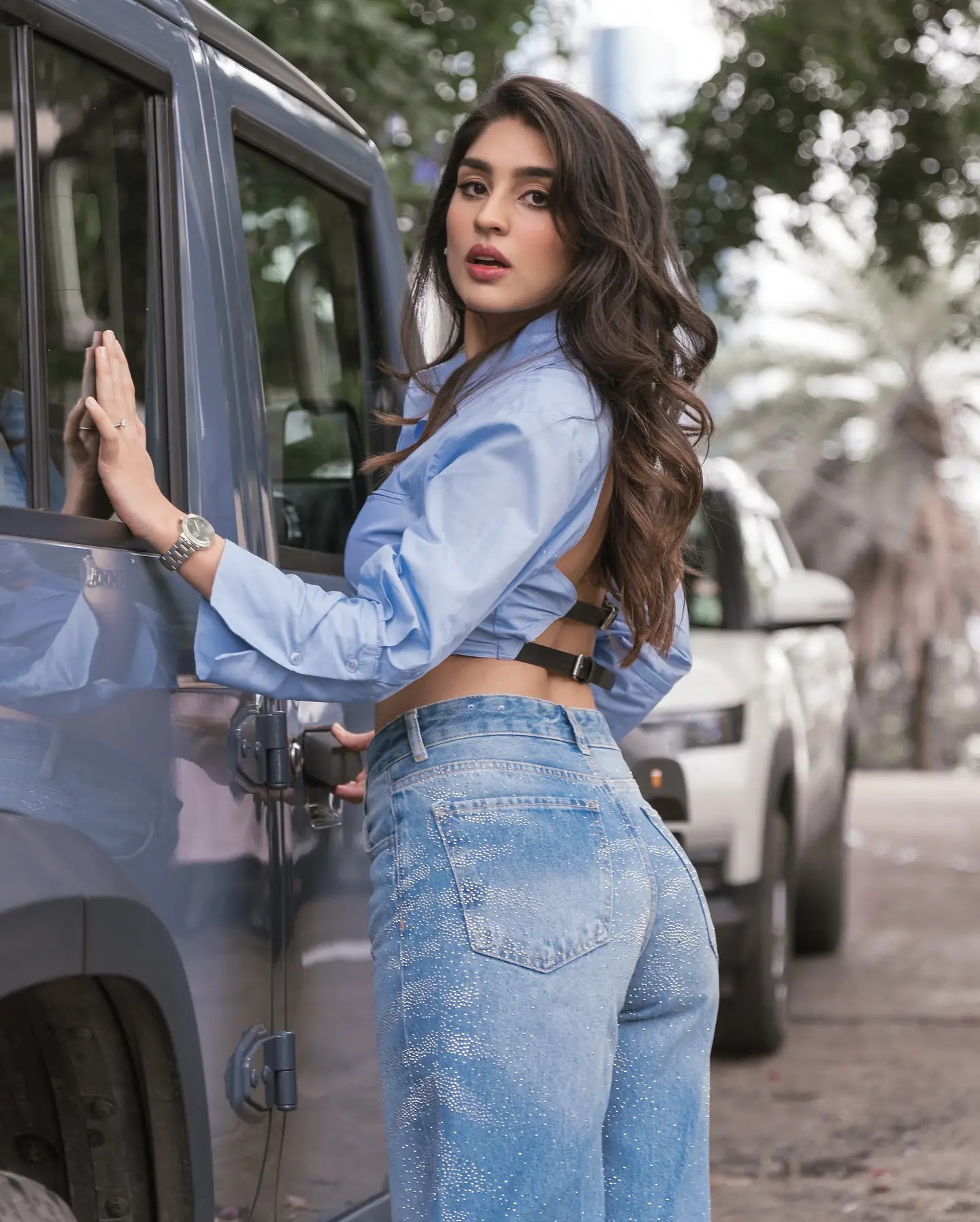Indian Actress Yukti Thareja Stills In Blue Shirt Jeans