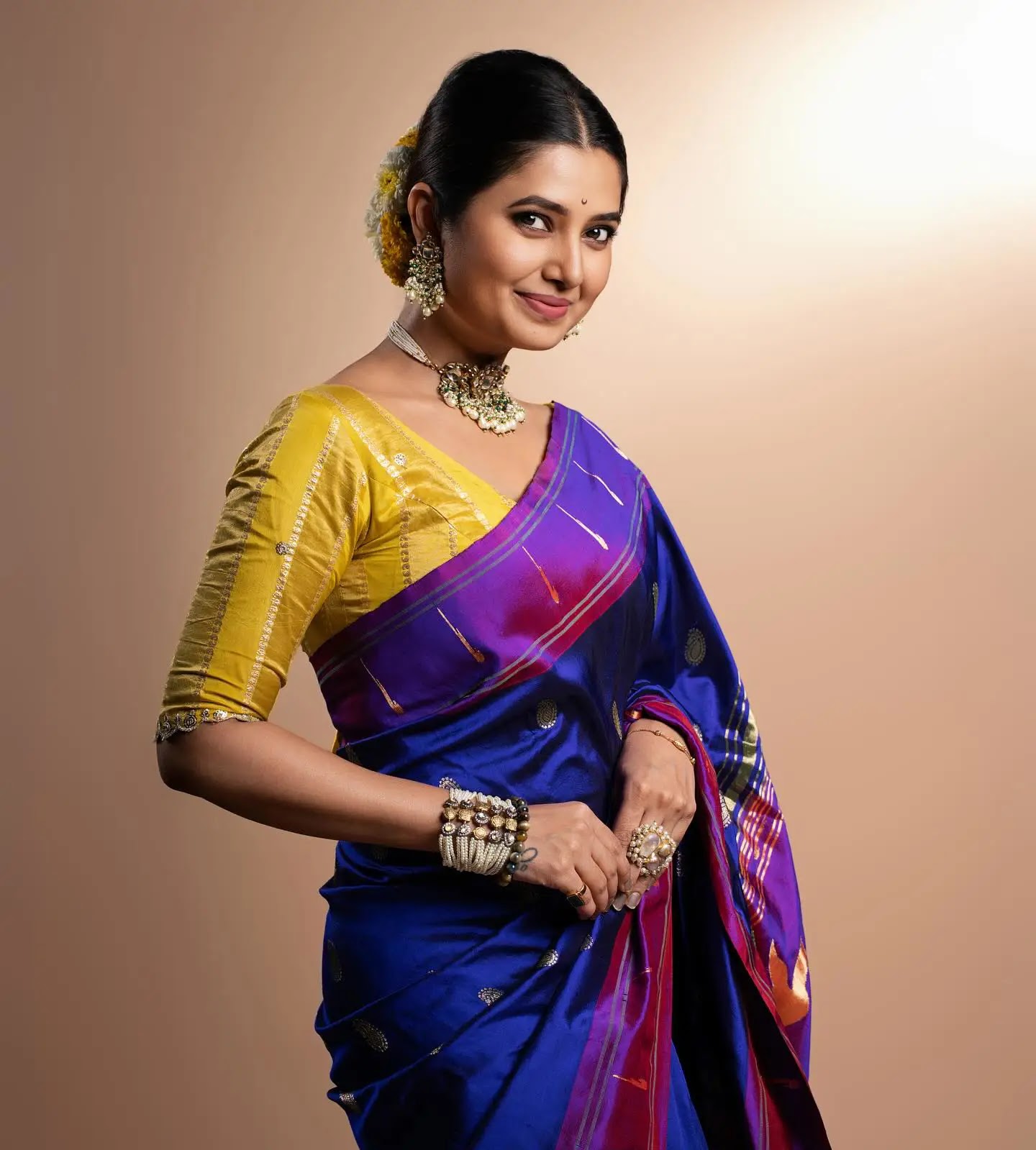 Prajakta Mali Photos In Blue Saree Yellow Blouse - Image 1