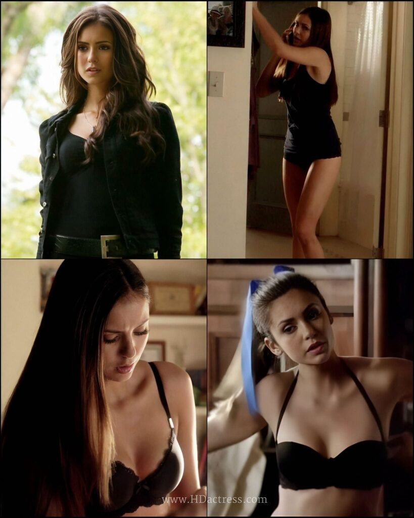Nina Dobrev looking stunning as Elena Gilbert in a sleek black dress from The Vampire Diaries.