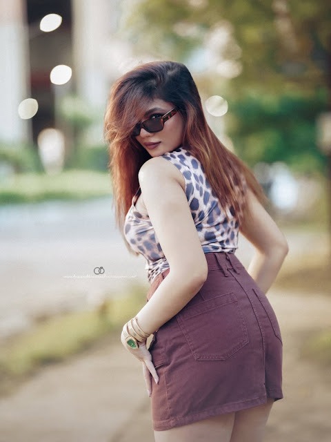 Isha Gupta in leopard-print top and cargo pants