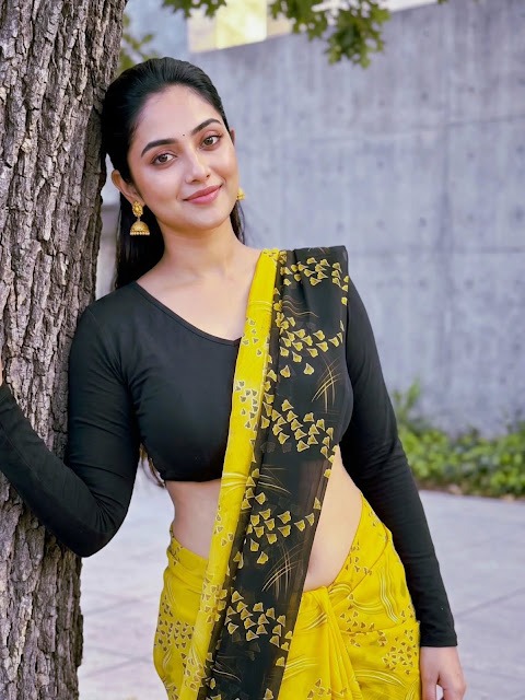 Zayana Vaani in yellow printed saree and black blouse