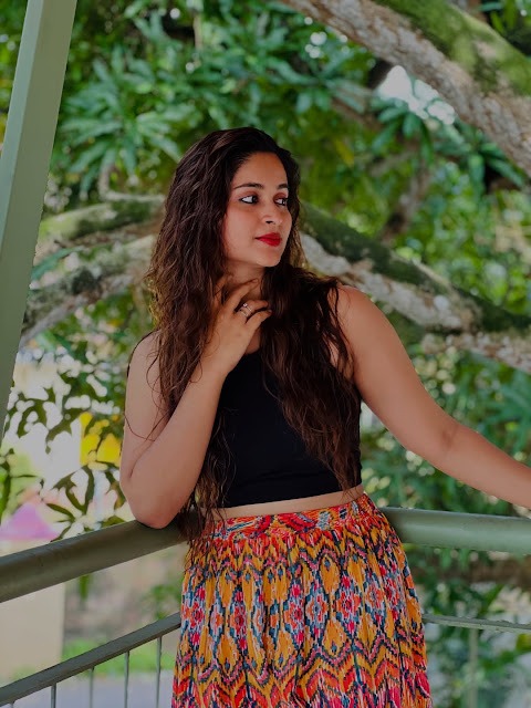 Rosmin Thadathil in black crop top and ikat maxi skirt Rosmin Thadathil in black crop top and ikat maxi skirt