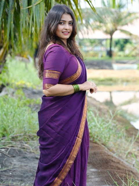 Sreelakshmi Bhatt in purple cotton saree and matching blouse