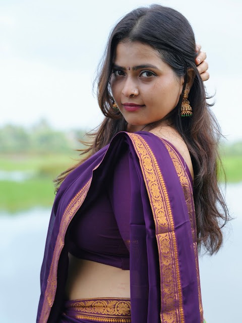Sreelakshmi Bhatt in purple cotton saree and matching blouse