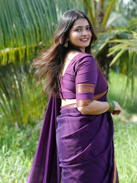 Sreelakshmi Bhatt in purple cotton saree and matching blouse