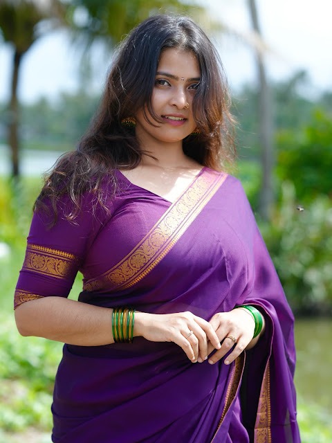 Sreelakshmi Bhatt in purple cotton saree and matching blouse