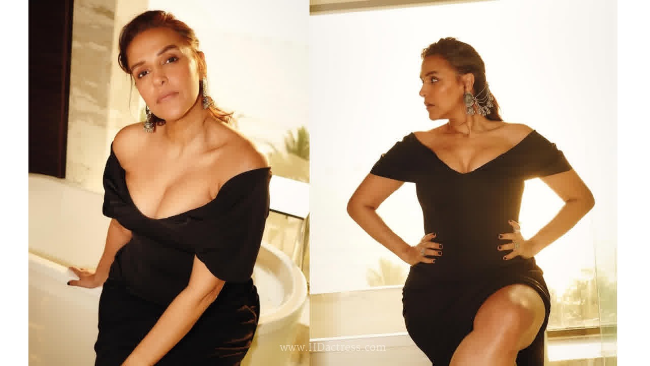 Neha Dhupia Cute & Gorgeous Photos In Black Slit Gown