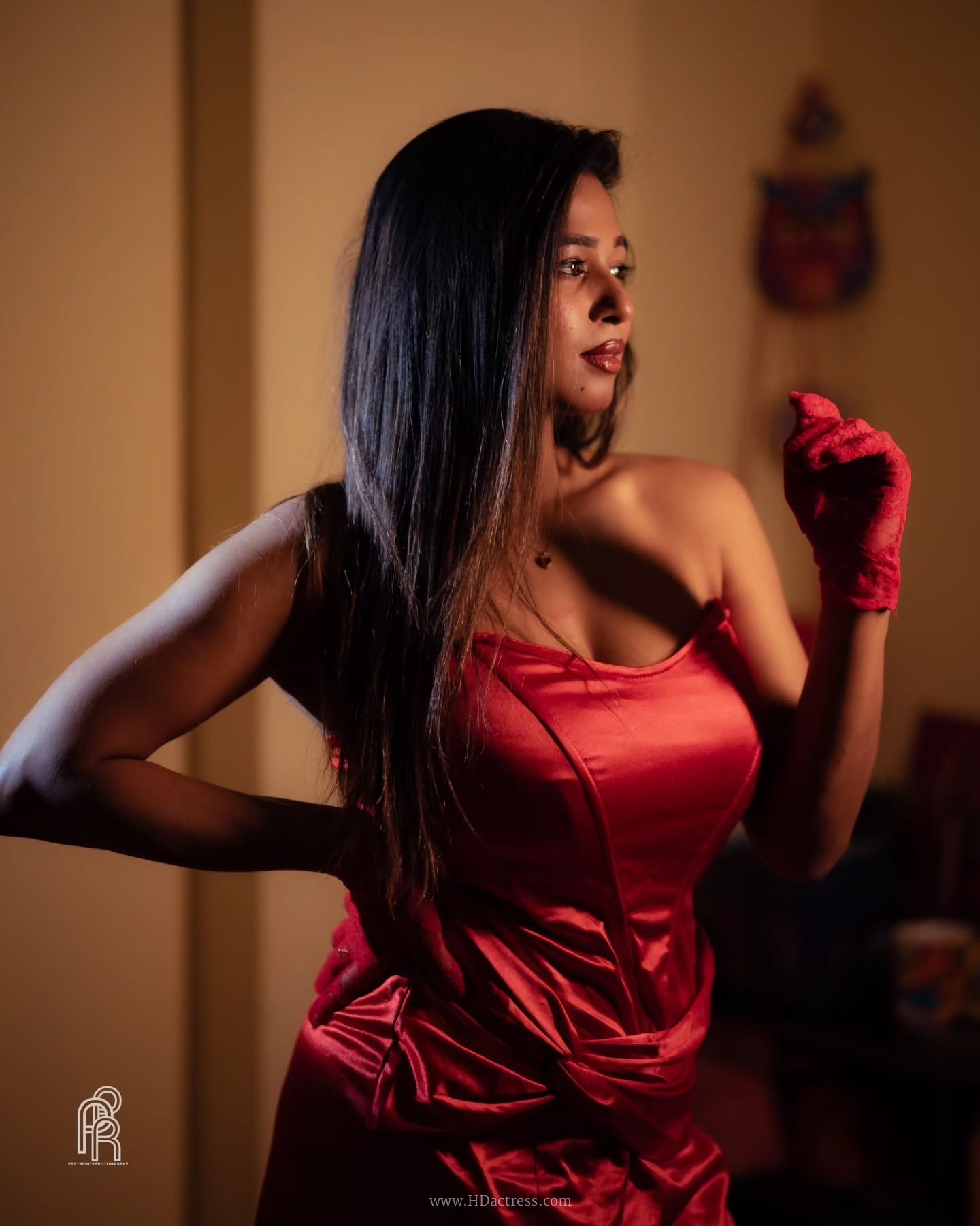 Shipra Tarafder wearing a fitted strapless red satin dress Shipra Tarafder wearing a fitted strapless red satin dress