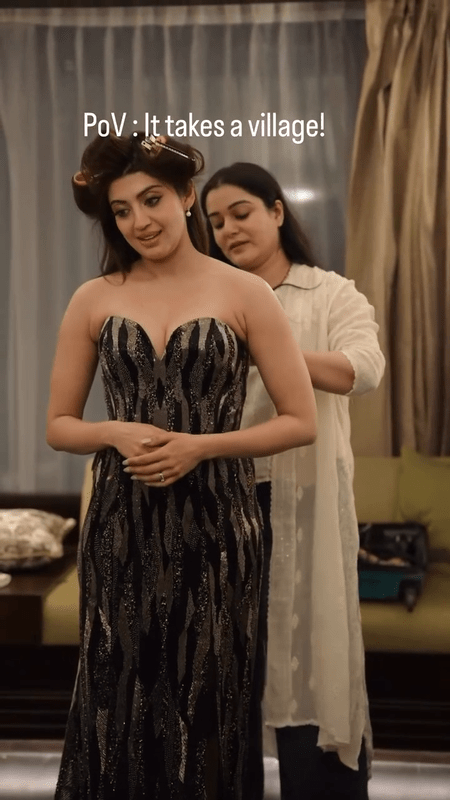 Full-length portrait of Pranitha Subhash in a black strapless gown with shimmering geometric sequins