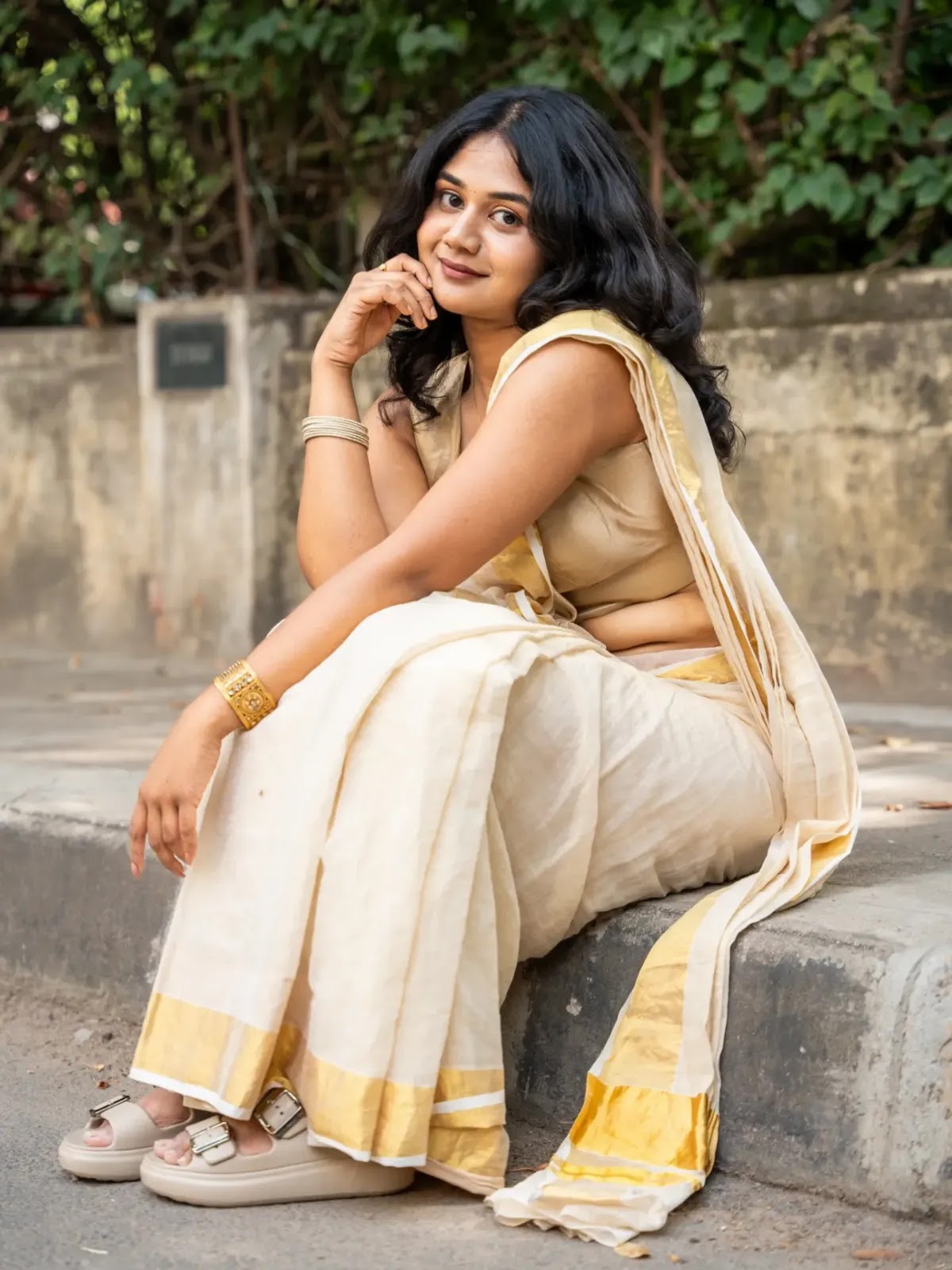 Meenal Blooms wearing Kerala Kasavu saree with golden blouse
