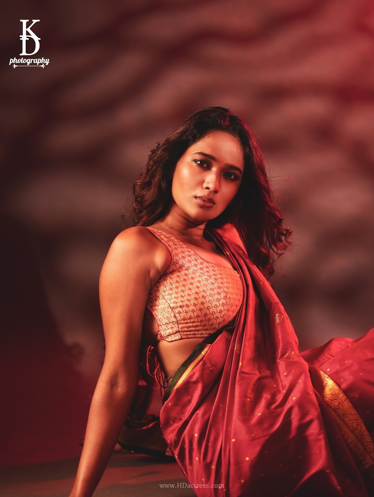 Alekhya Ramnaidu in Maroon Silk Saree with Gold Border