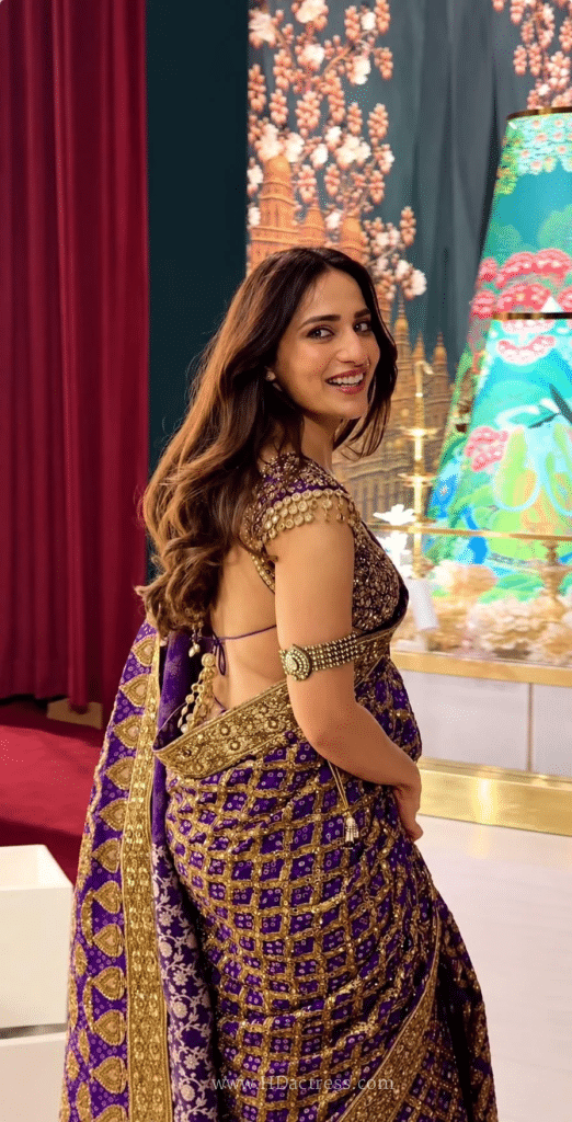 Kusha Kapila Royal Purple Backless Blouse Photos, Deep Neck Style, Trending Glam Shots

