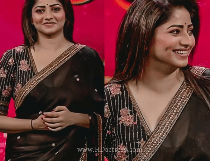Rachita Ram black saree, transparent saree cleavage, Rachita Ram hot photos, sheer black saree, deep cleavage pics, Rachita Ram viral look, South Indian actress sexy saree