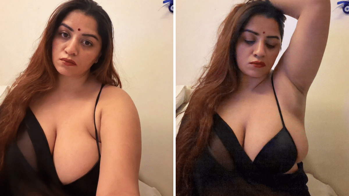 Close-up of Vandana Pathak 555 in wide-cut bikini top showing deep cleavage and smooth skin