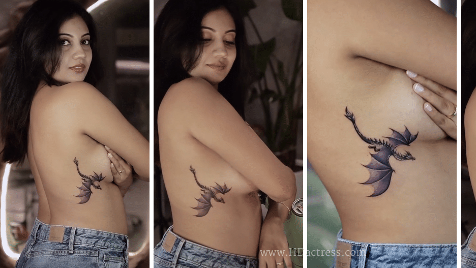 Ashwani A (@purplehalcyon) topless, new tattoo visible, body measurements 34-26-36, bra size 32C, purple hair flowing.

