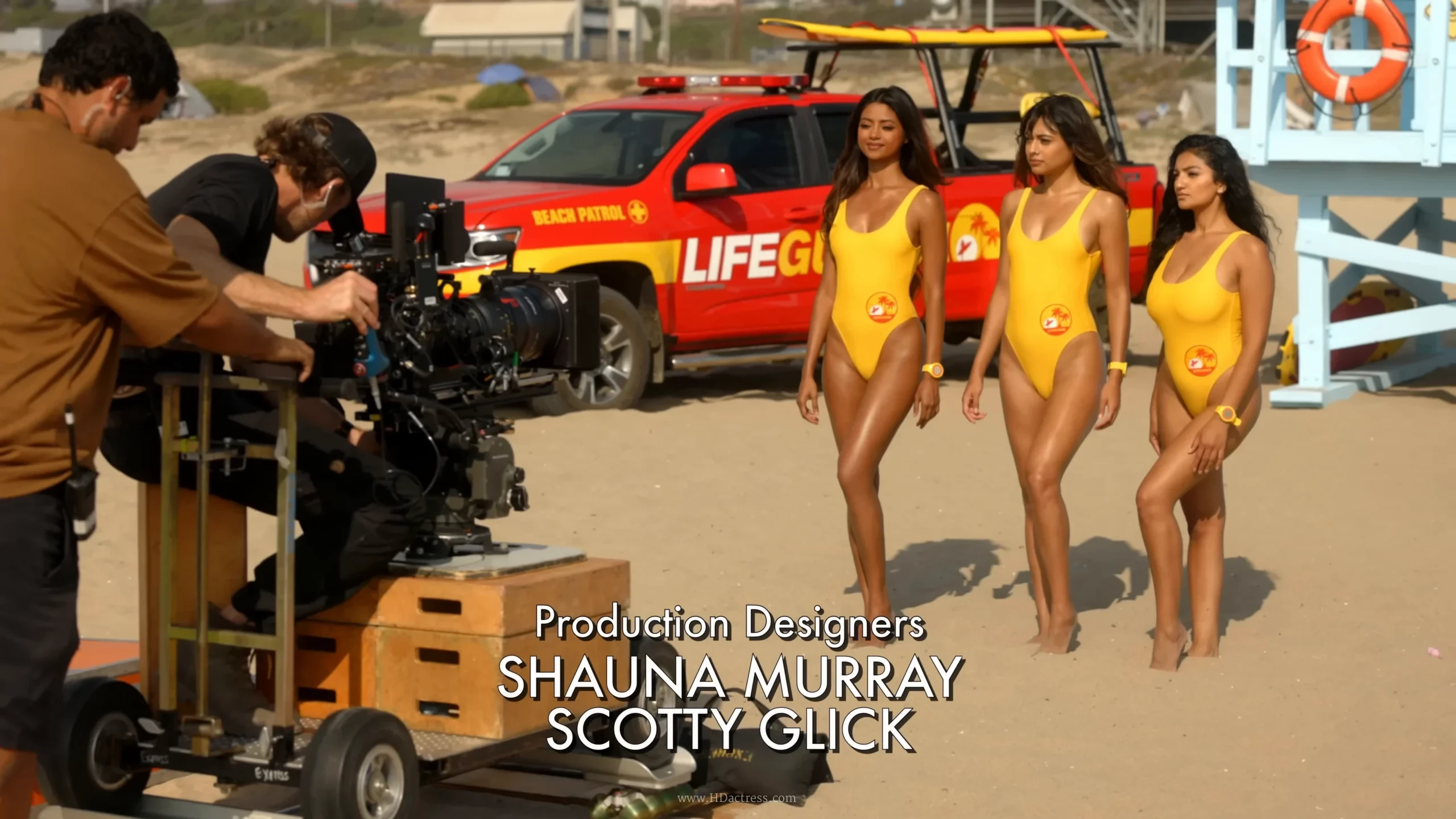 Asmita Kumari sexy swimsuit beach pose, Mira Patel hot lifeguard body, Shaun Romy wet bikini BTS, Definitely Not Bombaywatch models trio, glamorous Indian Nepali models photoshoot, SlickforceTV beach rescue scene, curvy figures in red swimsuits, behind the scenes candid shots