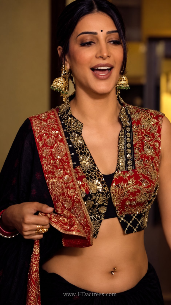Close-up of Shruti Haasan’s slim waist and navel piercing in sexy backless blouse

