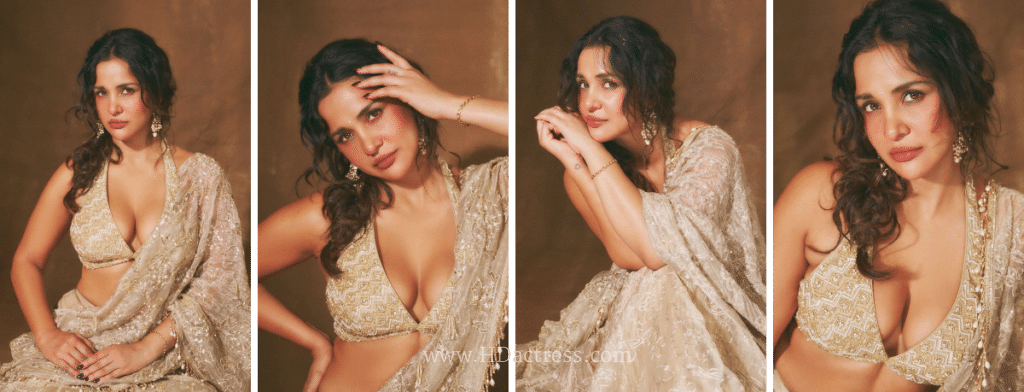 Aisha Sharma looking stunning in deep neck blouse, Aisha Sharma deep neck blouse showing elegant cleavage, Aisha Sharma sexy deep neck blouse photoshoot pose, Aisha Sharma glamorous deep neck blouse side profile, Aisha Sharma bold deep neck blouse viral photo.