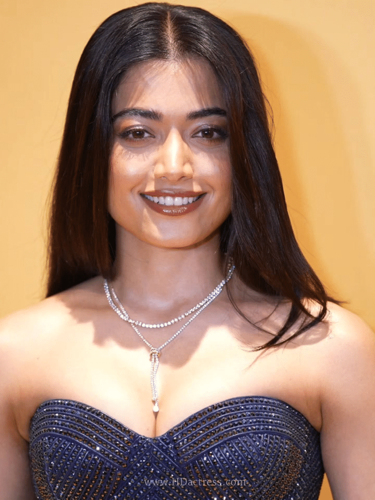 Rashmika Mandanna posing in structured strapless sweetheart-neckline corset top